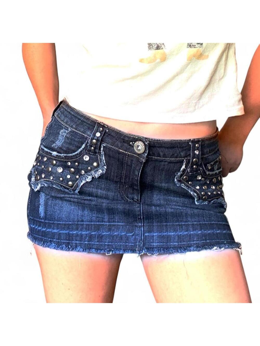 vintage mcbling 2000s dark wash studded denim mini skirt